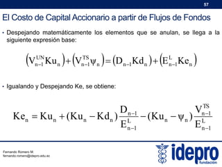 57

El Costo de Capital Accionario a partir de Flujos de Fondos
• Despejando matemáticamente los elementos que se anulan, se llega a la

siguiente expresión base:

V

UN
n 1

 





Ku n  V ψ n  D n 1Kd n   E Ken
TS
n 1

L
n 1



• Igualando y Despejando Ke, se obtiene:

TS
n 1
L
n 1

D n 1
V
Ken  Ku n  (Ku n  Kd n ) L  (Ku n  ψ n )
E n 1
E
Fernando Romero M.
fernando.romero@idepro.edu.ec

 
