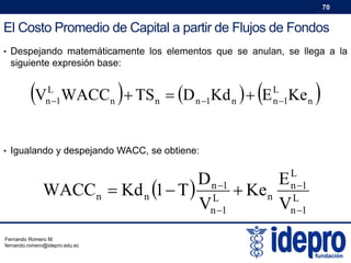 70

El Costo Promedio de Capital a partir de Flujos de Fondos
• Despejando matemáticamente los elementos que se anulan, se llega a la

siguiente expresión base:

V

L
n 1





WACCn  TSn  D n 1Kd n   E Ke n
L
n 1

• Igualando y despejando WACC, se obtiene:

L
n 1
L
n 1

D n 1
E
WACCn  Kd n 1  T  L  Ke n
Vn 1
V
Fernando Romero M.
fernando.romero@idepro.edu.ec



 