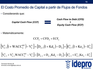 72

El Costo Promedio de Capital a partir de Flujos de Fondos
• Considerando que:

Capital Cash Flow (CCF)

Cash Flow to Debt (CFD)
+
Equity Cash Flow (ECF)

• Matemáticamente:

CCFn  CFD n  ECFn

V 1  WACC  V   D
L
n 1

V

L
n 1

BT
n

L
n



1  Kd n   D n   E L1 1  Ke n   E L 
n 1
n
n



 VnL1WACCBT  VnL  D n 1  D n 1Kd n  D n   E L1  E L1Ke n  E L
n
n
n
n

Fernando Romero M.
fernando.romero@idepro.edu.ec



 