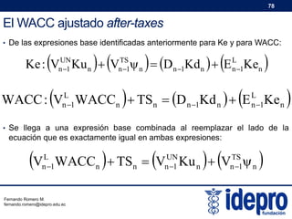 78

El WACC ajustado after-taxes
• De las expresiones base identificadas anteriormente para Ke y para WACC:

Ke : V

UN
n 1



Ku n

L
n 1

WACC : V

  V

n

TS
n 1

  D

  E L1Ken 
n 1Kd n
n

D n 1Kd n   E L1Ke n 
WACCn   TSn 
n

• Se llega a una expresión base combinada al reemplazar el lado de la

ecuación que es exactamente igual en ambas expresiones:

V

L
n 1





 

WACCn  TSn  V Ku n  V  n

Fernando Romero M.
fernando.romero@idepro.edu.ec

UN
n 1

TS
n 1



 