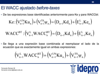 80

El WACC ajustado before-taxes
• De las expresiones base identificadas anteriormente para Ke y para WACCbt:

Ke : V

UN
n 1

Ku n

  V

n

TS
n 1



  D

  E L1Ken 
n 1Kd n
n





WACCBT : VnL1WACCBT  D n 1Kd n   E L1Ken
n
n



• Se llega a una expresión base combinada al reemplazar el lado de la

ecuación que es exactamente igual en ambas expresiones:

V

L
n 1

Fernando Romero M.
fernando.romero@idepro.edu.ec

WACC

BT
n

  V

UN
n 1

 

Ku n  V  n
TS
n 1



 