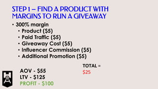 STEP 1 – FIND A PRODUCT WITH
MARGINS TO RUN A GIVEAWAY
• 300% margin
• Product ($5)
• Paid Traffic ($5)
• Giveaway Cost ($...