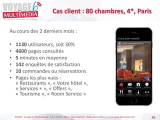 #VEM6 - Voyage en Multimédia 4 | 5 & 6 Février 2015 | Saint-Raphaël - Slides disponibles sur www.salon-etourisme.com
Au cours des 2 derniers mois :
• 1130 utilisateurs, soit 30%
• 4600 pages consultés
• 5 minutes en moyenne
• 142 enquêtes de satisfaction
• 10 commandes ou réservations
• Pages les plus vues :
« Restaurants », « Votre hôtel »,
« Services + », « Offers »,
« Tourisme », « Room Service »
45
Cas client : 80 chambres, 4*, Paris
 