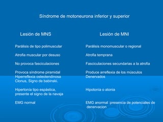 Síndrome de motoneurona inferior y superior
Lesión de MNS Lesión de MNI
Parálisis de tipo polimuscular
Atrofia muscular por desuso
No provoca fasciculaciones
Provoca síndrome piramidal
Hiperreflexia osteotendinosa
Clonus, Signo de babinski.
Hipertonía tipo espástica,
presente el signo de la navaja
EMG normal
Parálisis monomuscular o regional
Atrofia temprana
Fasciculaciones secundarias a la atrofia
Produce arreflexia de los músculos
Denervados
Hipotonía o atonia
EMG anormal :presencia de potenciales de
denervacion
 