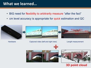 What we learned…

 • BIG need for flexibility to arbitrarily measure “after the fact”
 • cm level accuracy is appropriate for quick estimation and QC




  Hardware           Captured video (left and right view)   Length measurement




                                                            3D point cloud
 