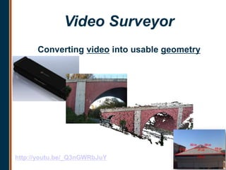 Video Surveyor
      Converting video into usable geometry




http://youtu.be/_Q3nGWRbJuY
 