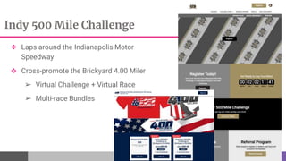 Indy 500 Mile Challenge
❖ Laps around the Indianapolis Motor
Speedway
❖ Cross-promote the Brickyard 4.00 Miler
➢ Virtual Challenge + Virtual Race
➢ Multi-race Bundles
 