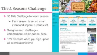 The 4 Seasons Challenge
❖ 50 Mile Challenge for each season
➢ Each season is set up as an
event and separate results set
❖ Swag for each challenge -
commemorative pin, tattoo, decal
❖ 16% discount when you sign up for
all events at one time
 
