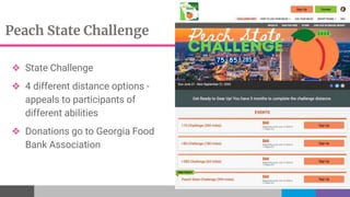 Peach State Challenge
❖ State Challenge
❖ 4 different distance options -
appeals to participants of
different abilities
❖ Donations go to Georgia Food
Bank Association
 