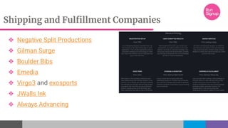Shipping and Fulfillment Companies
❖ Negative Split Productions
❖ Gilman Surge
❖ Boulder Bibs
❖ Emedia
❖ Virgo3 and exosports
❖ JWalls Ink
❖ Always Advancing
 