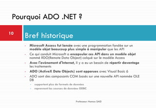 • Microsoft Access fut lancée avec une programmation fondée sur un
modèle objet beaucoup plus simple à manipuler que les API
• Ce qui conduit Microsoft a encapsuler ces API dans un modèle objet
nommé RDO(Remote Data Object) calqué sur le modèle Access
• Avec l'avènement d'Internet, il y a eu un besoin de répartir davantage
les traitements
• ADO (ActiveX Data Objects) sont apparues avec Visual Basic 6
• ADO sont des composants COM basés sur une nouvelle API nommée OLE
DB
• supportent plus de formats de données
• reprennent les sources de données ODBC
Bref historique10
Professeur: Hamza SAID
Pourquoi ADO .NET ?
 