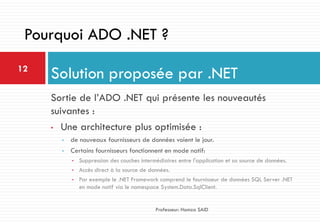 Sortie de l’ADO .NET qui présente les nouveautés
suivantes :
• Une architecture plus optimisée :
• de nouveaux fournisseurs de données voient le jour.
• Certains fournisseurs fonctionnent en mode natif:
• Suppression des couches intermédiaires entre l'application et sa source de données.
• Accès direct à la source de données.
• Par exemple le .NET Framework comprend le fournisseur de données SQL Server .NET
en mode natif via le namespace System.Data.SqlClient.
Solution proposée par .NET12
Professeur: Hamza SAID
Pourquoi ADO .NET ?
 