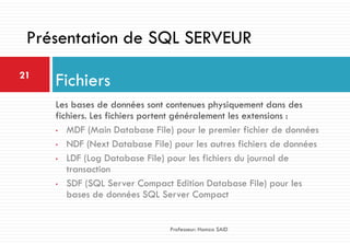 Les bases de données sont contenues physiquement dans des
fichiers. Les fichiers portent généralement les extensions :
• MDF (Main Database File) pour le premier fichier de données
• NDF (Next Database File) pour les autres fichiers de données
• LDF (Log Database File) pour les fichiers du journal de
transaction
• SDF (SQL Server Compact Edition Database File) pour les
bases de données SQL Server Compact
Fichiers21
Professeur: Hamza SAID
Présentation de SQL SERVEUR
 