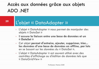 • L'objet « DataAdapter » nous permet de manipuler des
objets « DataSet »
• Il assure la liaison entre une base de données et un
« DataSet »
• Cet objet permet d'extraire, ajouter, supprimer, trier...
les données d'une base de données en offline, par lots
en se basant sur les données du « DataSet ».
• L'objet « DataAdapter » est souvent utilisé avec des
contrôles d'affichage ou d'édition de données tels que
« DataGridView »
L'objet « DataAdapter »59
Professeur: Hamza SAID
Accès aux données grâce aux objets
ADO .NET
 