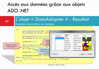 L'objet « DataAdapter » - Resultat
Exemple d'extraction de données
62
Professeur: Hamza SAID
Accès aux données grâce aux objets
ADO .NET
Try
Dim strConnexion As String = "Data Source=|DataDirectory|Northwind.sdf"
Dim strRequete As String = "SELECT * FROM Categories“
Dim oConnection As SqlCeConnection = New SqlCeConnection(strConnexion)
Dim oCommand As New SqlCeCommand(strRequete, oConnection)
oConnection.Open()
Dim ds As New DataSet
Dim da As SqlCeDataAdapter = New SqlCeDataAdapter(strRequete, strConnexion)
da.Fill(ds)
oConnection.Close()
DataGridView1.DataSource = ds.Tables(0)
Catch e As Exception
MsgBox("L'erreur suivante a été rencontrée :" & e.Message)
End Try
Création de l’objet
« DataAdapter »
Remplissage du « DataSet » avec des
données de la base de données grâce
au « DataAdapter » créé
Affectation d’une table du
« DataSet » à un contrôle
« DataGridView » pour
l’affichage
Création de l’objet
« DataSet » pour
contenir les données
 