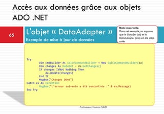 L'objet « DataAdapter »
Exemple de mise à jour de données
65
Professeur: Hamza SAID
Accès aux données grâce aux objets
ADO .NET
Try
Dim cmdBuilder As SqlCeCommandBuilder = New SqlCeCommandBuilder(da)
Dim changes As DataSet = ds.GetChanges()
If changes IsNot Nothing Then
da.Update(changes)
End If
MsgBox("Changes Done")
Catch ex As Exception
MsgBox("L'erreur suivante a été rencontrée :" & ex.Message)
End Try
Note importante:
Dans cet exemple, on suppose
que le DataSet (ds) et le
DataAdapter (da) ont été déjà
créés
 
