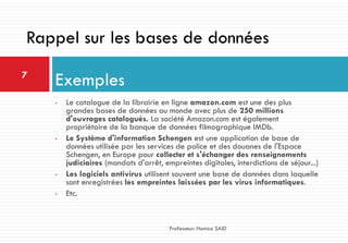 • Le catalogue de la librairie en ligne amazon.com est une des plus
grandes bases de données au monde avec plus de 250 millions
d'ouvrages catalogués. La société Amazon.com est également
propriétaire de la banque de données filmographique IMDb.
• Le Système d'information Schengen est une application de base de
données utilisée par les services de police et des douanes de l'Espace
Schengen, en Europe pour collecter et s'échanger des renseignements
judiciaires (mandats d'arrêt, empreintes digitales, interdictions de séjour...)
• Les logiciels antivirus utilisent souvent une base de données dans laquelle
sont enregistrées les empreintes laissées par les virus informatiques.
• Etc.
Exemples7
Professeur: Hamza SAID
Rappel sur les bases de données
 