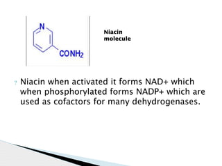 ? Niacin when activated it forms NAD+ which
when phosphorylated forms NADP+ which are
used as cofactors for many dehydrogenases.
Niacin
molecule
 