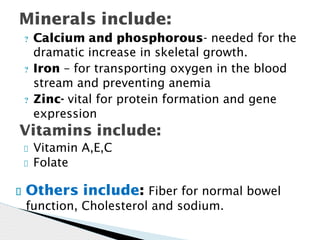 ? Calcium and phosphorous- needed for the
dramatic increase in skeletal growth.
? Iron – for transporting oxygen in the blood
stream and preventing anemia
? Zinc- vital for protein formation and gene
expression
Minerals include:
Vitamins include:
Vitamin A,E,C
Folate
Others include: Fiber for normal bowel
function, Cholesterol and sodium.
 