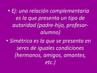 • Ej: una relación complementaria
es la que presenta un tipo de
autoridad (padre-hijo, profesor-
alumno)
• Simétrica es la que se presenta en
seres de iguales condiciones
(hermanos, amigos, amantes,
etc.)
 