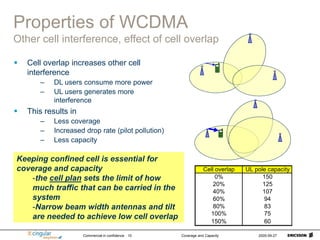 Commercial in confidence Coverage and Capacity 2005-09-27
10
Properties of WCDMA
Other cell interference, effect of cell overlap
 Cell overlap increases other cell
interference
– DL users consume more power
– UL users generates more
interference
 This results in
– Less coverage
– Increased drop rate (pilot pollution)
– Less capacity
Keeping confined cell is essential for
coverage and capacity
-the cell plan sets the limit of how
much traffic that can be carried in the
system
-Narrow beam width antennas and tilt
are needed to achieve low cell overlap
Cell overlap UL pole capacity
0% 150
20% 125
40% 107
60% 94
80% 83
100% 75
150% 60
 