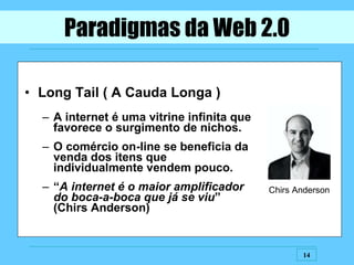 Long Tail ( A Cauda Longa ) A internet é uma vitrine infinita que favorece o surgimento de nichos. O comércio on-line se beneficia da venda dos itens que individualmente vendem pouco. “ A internet é o maior amplificador do boca-a-boca que já se viu ” (Chirs Anderson) Paradigmas da Web 2.0 Chirs Anderson 