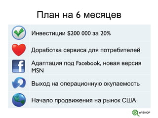 План на 6 месяцев Инвестиции  $ 200 000 за 20% Доработка сервиса для потребителей Адаптация под  Facebook , новая версия  MSN Выход на операционную окупаемость Начало продвижения на рынок США 