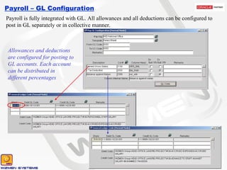 Payroll – GL Configuration Payroll is fully integrated with GL. All allowances and all deductions can be configured to post in GL separately or in collective manner. Allowances and deductions are configured for posting to GL accounts. Each account can be distributed in different percentages 