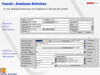 Payroll – Employee Definition A very detailed information for Employee is fed into the system Employee Master Information Employee Hiring related Information 