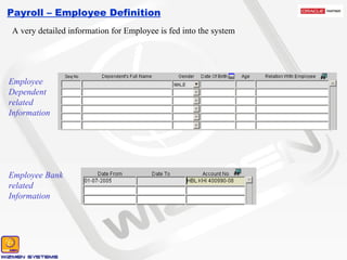 Payroll – Employee Definition A very detailed information for Employee is fed into the system Employee Dependent related Information Employee Bank related Information 
