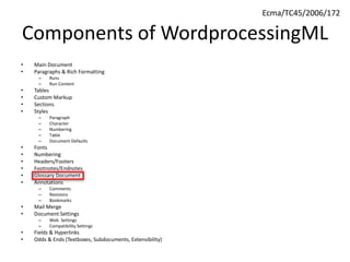 Components of WordprocessingML
• Main Document
• Paragraphs & Rich Formatting
– Runs
– Run Content
• Tables
• Custom Markup
• Sections
• Styles
– Paragraph
– Character
– Numbering
– Table
– Document Defaults
• Fonts
• Numbering
• Headers/Footers
• Footnotes/Endnotes
• Glossary Document
• Annotations
– Comments
– Revisions
– Bookmarks
• Mail Merge
• Document Settings
– Web Settings
– Compatibility Settings
• Fields & Hyperlinks
• Odds & Ends (Textboxes, Subdocuments, Extensibility)
Ecma/TC45/2006/172
 