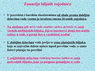 Zonacija biljnih zajednica

• U jezerskim i barskim ekosistemima od obale prema dubljim
  delovima vode veoma je izražena smena životnih zajednica

• Na obalama gde nivo vode znatno varira, proteže se zona
  visokih amfibijskih biljaka, čiji se korenovi i donji deo stabla
  nalaze u vodi, a gornji deo u vazdušnoj sredini

• U dubljim delovima vode javlja se zona plutajućih biljaka,
  koje se najvećim delom nalaze ispod površine vode, a samo
  listovi plutaju na površini

• U najdubljim delovima vodenog basena nalazi se zona
  podvodnih biljaka, koje su potpuno potopljene u vodu
 