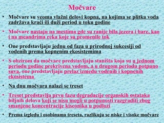 Močvare
• Močvare su veoma vlažni delovi kopna, na kojima se plitka voda
  zadržava kraći ili duži period u toku godine
• Močvare nastaju na mestima gde su ranije bila jezera i bare, kao
  i na meandrima reka koje su promenile tok
• One predstavljaju jednu od faza u prirodnoj sukcesiji od
  vodenih prema kopnenim ekosistemima
• S obzirom da močvare predstavljaju staništa koja su u jednom
  periodu godine prekrivena vodom, a u drugom periodu potpuno
  suva, one predstavljaju prelaz između vodenih i kopnenih
  ekosistema
• Na dnu močvara nalazi se treset
• Treset predstavlja prvu fazu degradacije organskih ostataka
  biljnih delova koji se nisu mogli u potpunosti razgraditi zbog
  smanjene koncentracije kiseonika u podlozi
• Prema izgledu i osobinama treseta, razlikuju se niske i visoke močvare
 