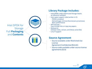 SG
Storage Group
Intel DPDK for
Storage
Full Packaging
and Contents
Library Package Includes:
 Intel DPDK | UNS | Optimized Storage Stacks
as reference software
 User space support code (written in C):
- POSIX compliant
- Demo/Usage, Unit test (functional correctness),
Basic performance
 API manuals –
may include links or copy key papers
 Release.txt
(release notes, version, and library serial IDs)
 Linux* Support
Source Agreement
 Source available under Restricted Use
License
Agreement Confidential (RULAC)
 Source code available under source license
agreements (SLA)
13
 