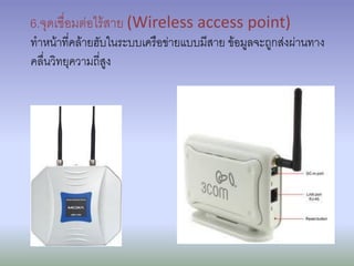 6.จุดเชื่อมต่อไร้สาย (Wireless access point)
ทาหน้าที่คล้ายฮับในระบบเครือข่ายแบบมีสาย ข้อมูลจะถูกส่งผ่านทาง
คลื่นวิทยุความถี่สูง
 
