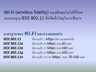 Wi-Fi (wireless fidelity) หมายถึงเทคโนโลยีไร้สาย
บนมาตรฐาน IEEE 802.11 ซึ่งใช้คลื่นวิทยุในการสื่อสาร


มาตรฐานของ Wi-Fi และความแตกต่าง
IEEE 802.11       มีความเร็ว 1 Mbps มีความปลอดภัยต่า
IEEE 802.11a      มีความเร็ว 54 Mbps ระยะ30 เมตร
IEEE 802.11b      มีความเร็ว 11 Mbps ระยะ100 เมตร
IEEE 802.11g      มีความเร็ว 54 Mbps ระยะ100 เมตร
IEEE 802.11n      มีความเร็ว 74-248 Mbps ระยะ 70-160 เมตร
 