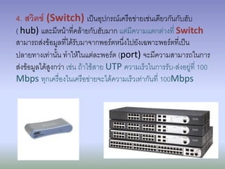 4. สวิตช์ (Switch) เป็นอุปกรณ์เครือข่ายเช่นเดียวกันกับฮับ
( hub) และมีหน้าที่คล้ายกับฮับมาก แต่มีความแตกต่างที่ Switch
สามารถส่งข้อมูลที่ได้รับมาจากพอร์ตหนึงไปยังเฉพาะพอร์ตที่เป็น
                                       ่
ปลายทางเท่านั้น ทาให้ในแต่ละพอร์ต (port) จะมีความสามารถในการ
ส่งข้อมูลได้สูงกว่า เช่น ถ้าใช้สาย UTP ความเร็วในการรับ-ส่งอยู่ที่ 100
Mbps ทุกเครื่องในเครือข่ายจะได้ความเร็วเท่ากันที่ 100Mbps
 