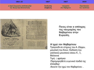 ▲ Ποιος είναι ο απόηχος της 
ναυμαχίας του Ναβαρίνου στην 
Ευρώπη; 
◄ Η ηχώ τον Ναβαρίνου 
Τραγούδι σε στίχους του Α. Ζάρρυ, 
μουσική του Κουν. Έκδοση του 
γαλλικού μουσικού οίκου Α. A. 
Μεϊσονιέ 
Τιμή: 2 φράγκα 
Παρηγορηθείτε ευγενικάπ αιδιά της 
Ελλάδας! 
Ακούτε την ηχώ τον Ναβαρίνου… 
 