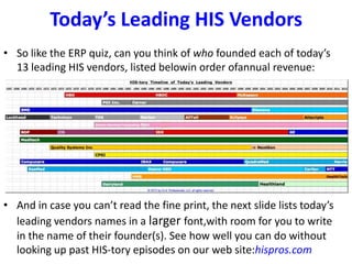 Today’s Leading HIS Vendors
• So like the ERP quiz, can you think of who founded each of today’s
13 leading HIS vendors, listed belowin order ofannual revenue:
• And in case you can’t read the fine print, the next slide lists today’s
leading vendors names in a larger font,with room for you to write
in the name of their founder(s). See how well you can do without
looking up past HIS-tory episodes on our web site:hispros.com
 