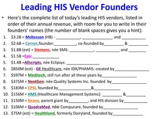 Leading HIS Vendor Founders
• Here’s the complete list of today’s leading HIS vendors, listed in
order of their annual revenue, with room for you to write in their
founders’ names (the number of blank spaces gives you a hint):
1. $3.2B = McKesson (HB) - ___________, ______________ and ___________
2. $2.6B = Cerner,founder:__________, co-founded by_________ & _________
3. $1.8B (est) = Siemens, née SMS: ___________, ___________ and ________
4. $1.5B =Epic.____________
5. $1.4B =Allscripts, née Eclipsys: _______________
6. $850M (est) - GE Healthcare, née IDX/PHAMIS: created by________________
7. $597M = Meditech, still run after all these years by________________
8. $375M = NextGen: née Quality Systems Inc. founded by________________
9. $183M = CPSI, founded by_______________&____________
10. $156M = HMS (Healthcare Management Systems): _________ &_________
11. $150M = Keane, parent giant by_________, and HIS division by___________
12. $106M = QuadraMed, née Compucare, founded by________________
13. $75M (est) = Healthland, formerly Dairyland, founded by______________
 
