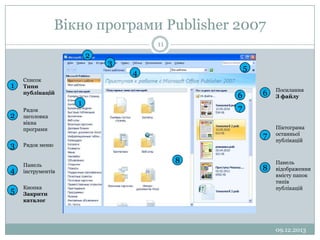 Вікно програми Publisher 2007
11

2

1

2

3
4

1

Посилання
З файлу

7

6

6

Піктограма
останньої
публікацій

7

Рядок меню

Панель
інструментів

5

4

Список
Типи
публікацій
Рядок
заголовка
вікна
програми

3

5

Кнопка
Закрити
каталог

8

8

Панель
відображення
вмісту папок
типів
публікацій

09.12.2013

 