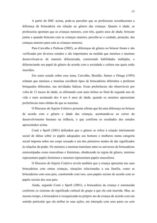 13
A partir do DSC acima, pode-se perceber que as professoras reconheceram a
diferença de brincadeira em relação ao gênero das crianças. Quanto à idade, as
professoras apontam que as crianças menores, com três, quatro anos de idade, brincam
juntas e quando brincam com as crianças maiores, percebe-se o cuidado, proteção, das
crianças maiores para com as crianças menores.
Para Carvalho e Pedrosa (2002), as diferenças de gênero no brincar foram e são
verificadas por diversos estudos e são importantes na medida que meninos e meninas
desenvolvam-se de maneira diferenciada, construindo habilidades múltiplas, e
diferenciando seu papel de gênero de acordo com a sociedade e cultura nas quais estão
inseridos.
Em outro estudo sobre esse tema, Carvalho, Beraldo, Santos e Ortega (1993)
relatam que meninos e meninas escolhem tipos de brincadeiras diferentes e preferem
brinquedos diferentes, nas atividades lúdicas. Essas preferências são observáveis por
volta de 12 meses de idade, se afirmando com mais ênfase ao final do segundo ano de
vida e mais acentuada dos 4 aos 6 anos de idade, quando os meninos apresentam
preferências mais nítidas do que as meninas.
O Discurso do Sujeito Coletivo presente afirma que há uma diferença no brincar
de acordo com o gênero e idade das crianças, acentuando-se ao correr do
desenvolvimento humano na infância, o que confirma os resultados dos estudos
apresentados acima.
Conti e Sperb (2001) defendem que o gênero se refere à criação inteiramente
social de idéias sobre os papéis adequados aos homens e mulheres numa categoria
social imposta sobre um corpo sexuado e um dos primeiros modos de dar significados
ás relações de poder. Os meninos e meninas transitam entre os universos de brincadeiras
estereotipadas como masculinas e femininas, obedecendo às regras de gênero, meninas
representam papéis femininos e meninos representam papéis masculinos.
O Discurso do Sujeito Coletivo revela também que a criança apresenta nas suas
brincadeiras com outras crianças, situações relacionadas a sua família, como as
brincadeiras com seus pais, construindo com isso, seus papéis sociais de acordo com os
papéis sociais dos seus pais.
Ainda, segundo Conti e Sperb (2001), a brincadeira da criança é estruturada
conforme os sistemas de significado cultural do grupo a que ela está inserida. Mas, ao
mesmo tempo, a brincadeira é reorganizada no próprio ato da criança de acordo com um
sentido particular que ela atribui às suas ações, em interação com seus pares ou com

 