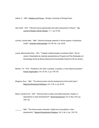 Geertz, C. 1963. Peddlers and Princes. Chicago: University of Chicago Press. 
Hart, Keith. 1973. "Informal income opportunities and urban employment in Ghana." The 
Journal of Modern African Studies, 11, 1, pp. 61-89. 
Lomnitz, Larissa Adler. 1988. "Informal exchange networks in formal systems: a theoretical 
model." American Anthropologist, Vol. 90, No. l, pp. 42-55. 
Loyola, Maria Andréa Rios. 1972. "Trabalho e Modernização na Indústria Têxtil." Rio de 
Janeiro: Dissertação de mestrado apresentada ao Programa de Pós-Graduação em 
Antropologia Social do Museu Nacional da Universidade Federal do Rio de Janeiro. 
McGee, T.G. 1973. "Peasants in the cities: a paradox, a paradox, a most ingenious paradox." 
Human Organization, Vol. 32, No. 2, pp. 135-142. 
Mingione, Enzo. 1984. "The informal sector and the development of third world cities." 
Regional Development Dialogue, Vol. 5, No. 2, pp. 63-76. 
Moser, Caroline O.N. 1978. "Informal sector or petty commodity production: dualism or 
dependence in urban development?" World Development, Vol. 6, Nos. 9/10, pp. 
1041, 64. 
_______. 1984. "The informal sector reworked: viability and vulnerability in urban 
development." Regional Development Dialogue, Vol. 5, No. 2, pp. 135-178. 
 