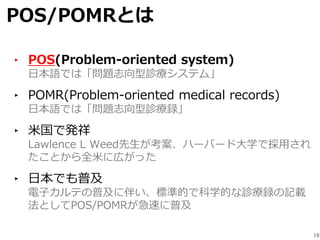 POS/POMRとは
‣ POS(Problem-oriented system)
日本語では「問題志向型診療システム」
‣ POMR(Problem-oriented medical records)
日本語では「問題志向型診療録」
‣ 米国...