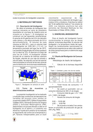 19 UNIVERSIDAD DE PAMPLONA
REVISTA AMBIENTAL
AGUA, AIRE Y SUELO
ISSN 1900-9178 VOLUMEN I-2006
evaluó el proceso de biodige...