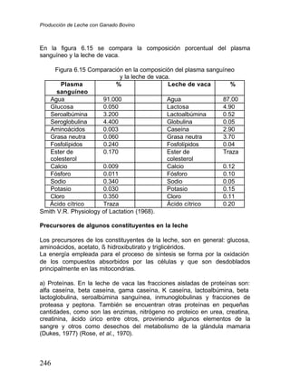 Producción de Leche con Ganado Bovino
246
En la figura 6.15 se compara la composición porcentual del plasma
sanguíneo y la leche de vaca.
Figura 6.15 Comparación en la composición del plasma sanguíneo
y la leche de vaca.
Plasma
sanguíneo
% Leche de vaca %
Agua 91.000 Agua 87.00
Glucosa 0.050 Lactosa 4.90
Seroalbúmina 3.200 Lactoalbúmina 0.52
Seroglobulina 4.400 Globulina 0.05
Aminoácidos 0.003 Caseína 2.90
Grasa neutra 0.060 Grasa neutra 3.70
Fosfolípidos 0.240 Fosfolípidos 0.04
Ester de
colesterol
0.170 Ester de
colesterol
Traza
Calcio 0.009 Calcio 0.12
Fósforo 0.011 Fósforo 0.10
Sodio 0.340 Sodio 0.05
Potasio 0.030 Potasio 0.15
Cloro 0.350 Cloro 0.11
Ácido cítrico Traza Ácido cítrico 0.20
Smith V.R. Physiology of Lactation (1968).
Precursores de algunos constituyentes en la leche
Los precursores de los constituyentes de la leche, son en general: glucosa,
aminoácidos, acetato, ß hidroxibutirato y triglicéridos.
La energía empleada para el proceso de síntesis se forma por la oxidación
de los compuestos absorbidos por las células y que son desdoblados
principalmente en las mitocondrias.
a) Proteínas. En la leche de vaca las fracciones aisladas de proteínas son:
alfa caseína, beta caseína, gama caseína, K caseína, lactoalbúmina, beta
lactoglobulina, seroalbúmina sanguínea, inmunoglobulinas y fracciones de
proteasa y peptona. También se encuentran otras proteínas en pequeñas
cantidades, como son las enzimas, nitrógeno no proteico en urea, creatina,
creatinina, ácido úrico entre otros, proviniendo algunos elementos de la
sangre y otros como desechos del metabolismo de la glándula mamaria
(Dukes, 1977) (Rose, et al.
.,
, 1970).
 