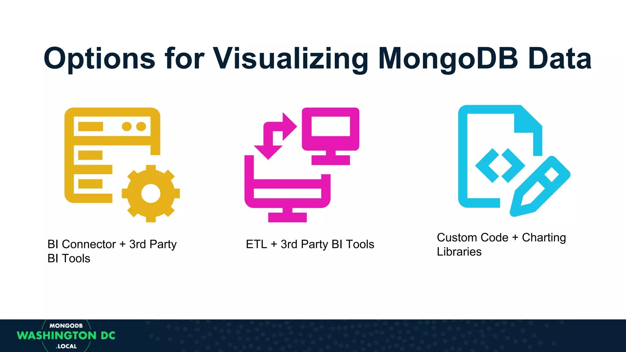 Options for Visualizing MongoDB Data Custom Code + Charting Libraries ETL + 3rd Party BI ToolsBI Connector + 3rd Party BI Tools 