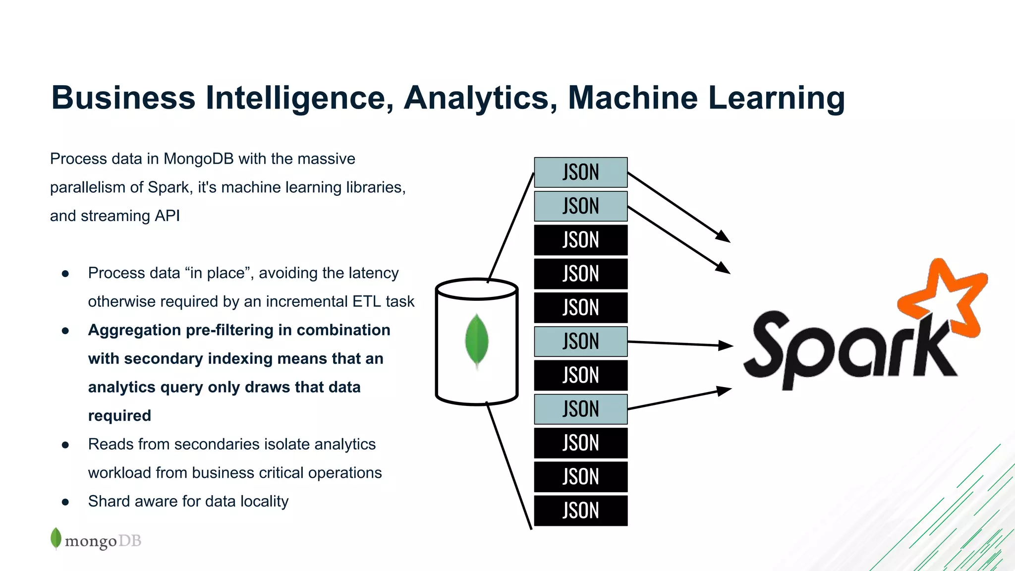 JSON JSON JSON JSON JSON JSON JSON JSON JSON JSON JSON Business Intelligence, Analytics, Machine Learning Process data in MongoDB with the massive parallelism of Spark, it's machine learning libraries, and streaming API ● Process data “in place”, avoiding the latency otherwise required by an incremental ETL task ● Aggregation pre-filtering in combination with secondary indexing means that an analytics query only draws that data required ● Reads from secondaries isolate analytics workload from business critical operations ● Shard aware for data locality 