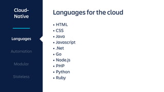 Cloud-
Native
Languages
Automation
Modular
Stateless
Languages for the cloud
• HTML
• CSS
• Java
• Javascript
• .Net
• Go
• Node.js
• PHP
• Python
• Ruby
 