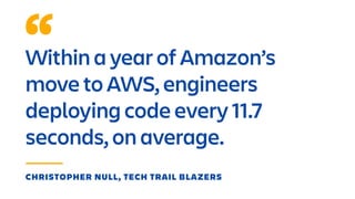 Within a year of Amazon’s
move to AWS, engineers
deploying code every 11.7
seconds, on average.
CHRISTOPHER NULL, TECH TRAIL BLAZERS
 